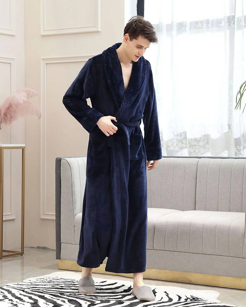 Robe de Chambre Homme Longue Effet Velours Bleu Marine