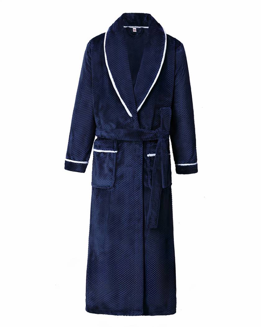 Robe de chambre en flanelle gaufrée, coloris bleu marine, col châle à passepoil blanc