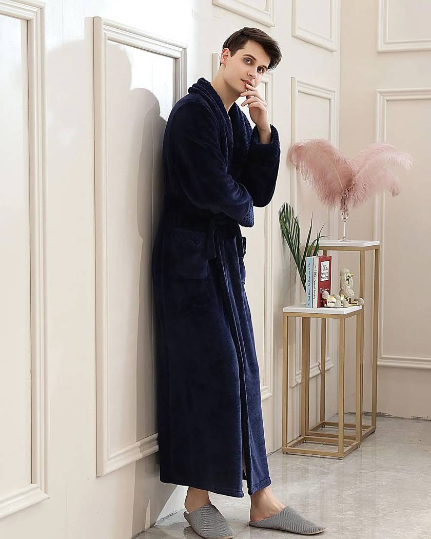 Robe de Chambre Homme Longue Effet Velours Bleu Marine
