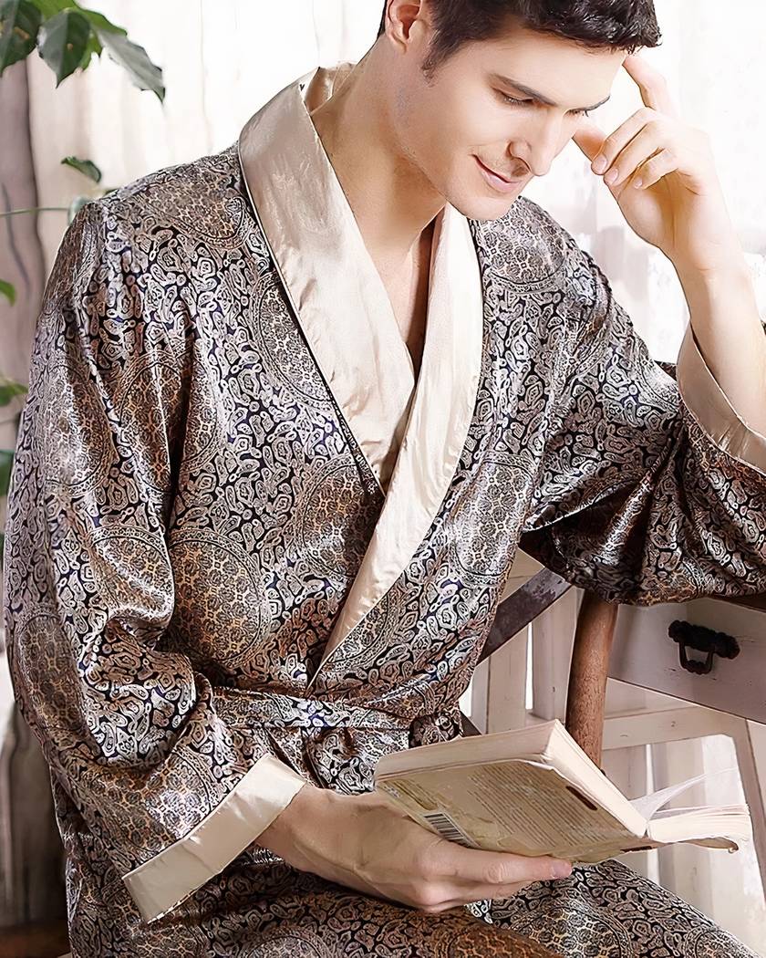 Robe de chambre homme en satin gris imprimé
