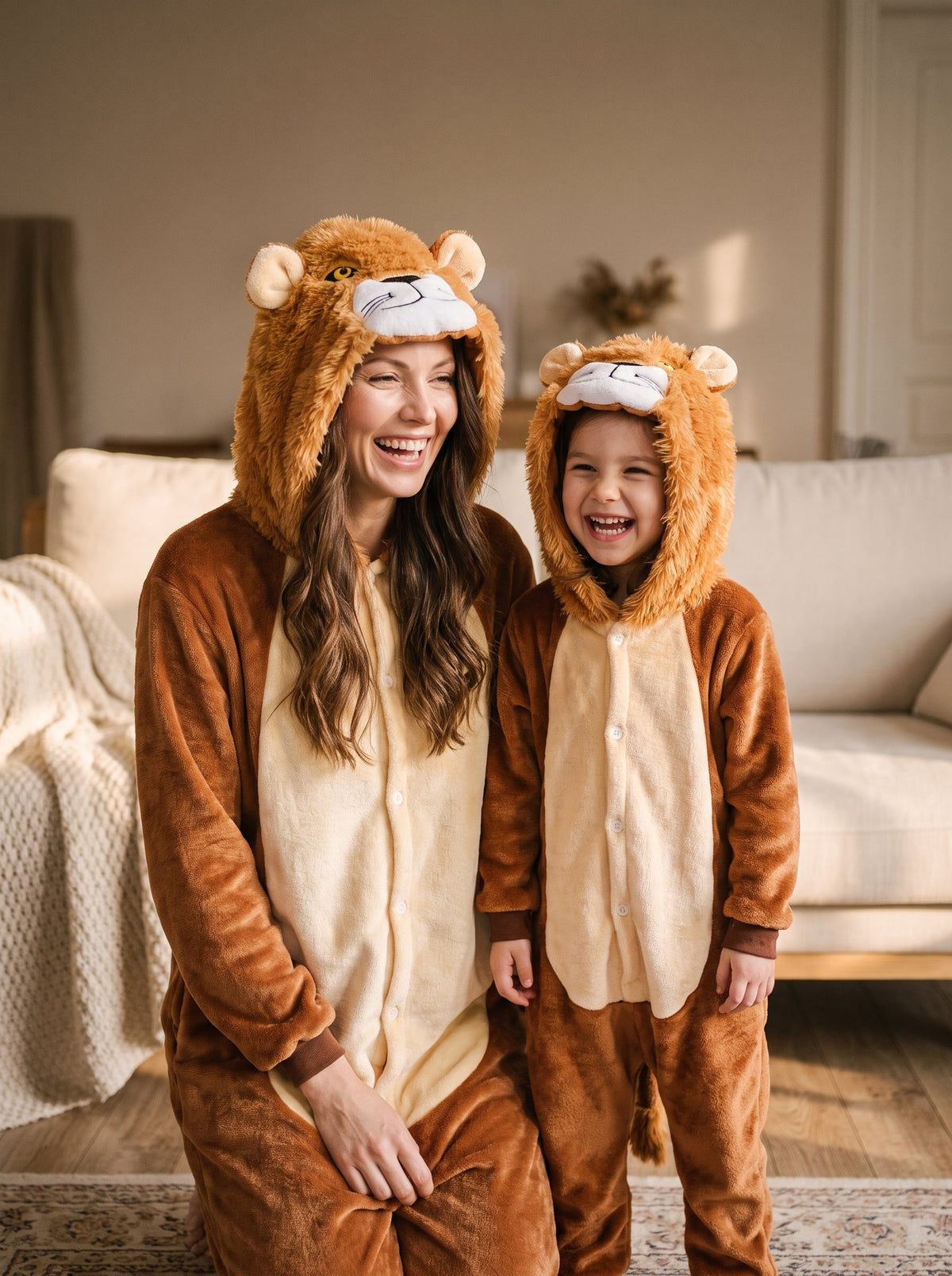 Une mere et sa fille en combinaison pyjama lion brun a capuche