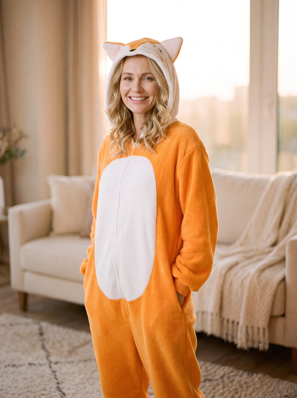 Femme portant la combinaison pyjama renard orange a capuche