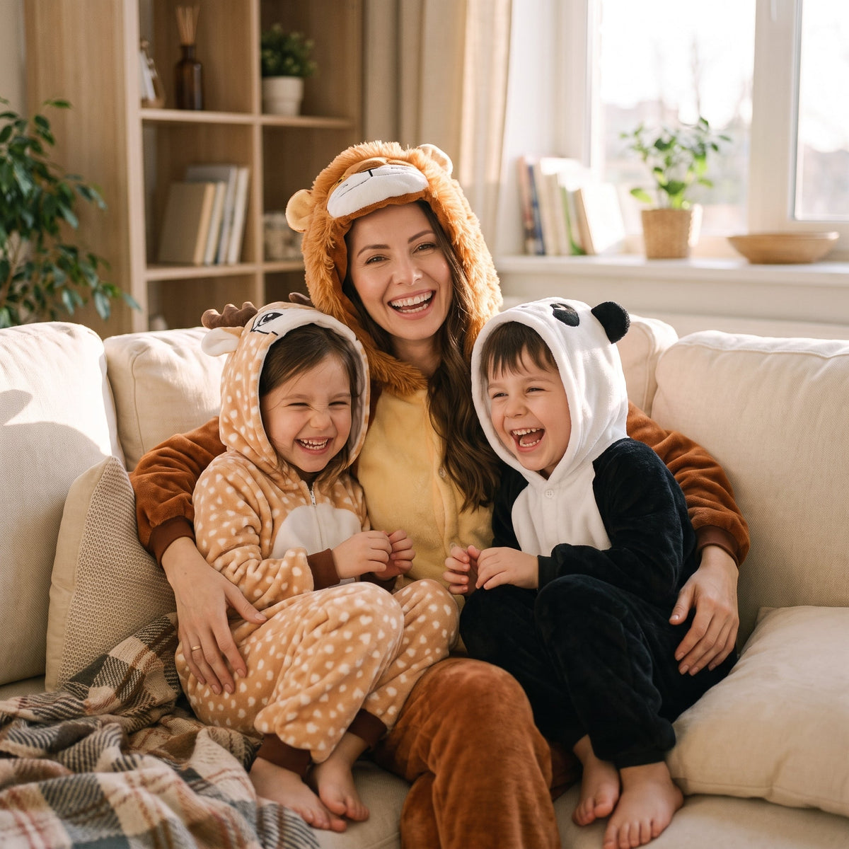 Une mere et ses deux enfants en combinaison pyjama animal sur le canape Image