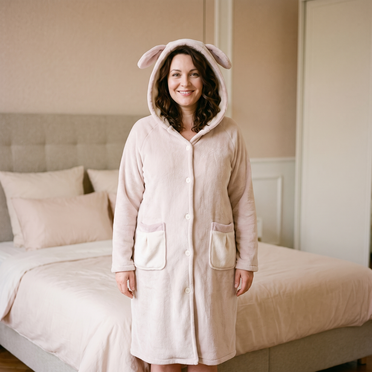 Peignoir femme polaire beige avec capuche et poches