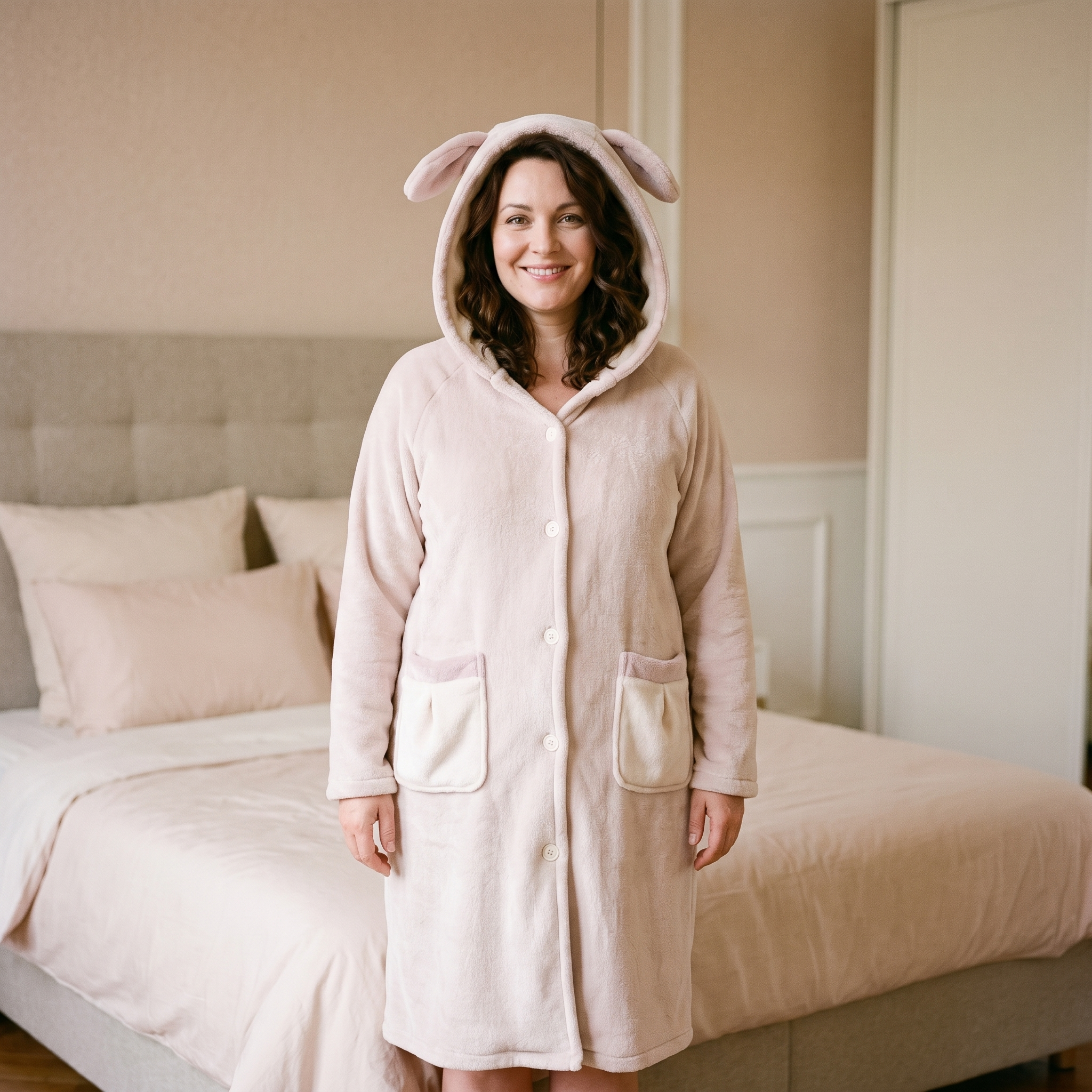 Peignoir femme polaire beige avec capuche et poches Image