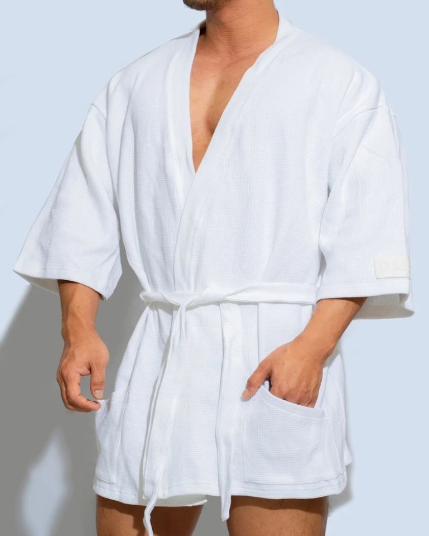 Peignoir kimono court pour homme, coloris blanc, col châle et ceinture à nouer
