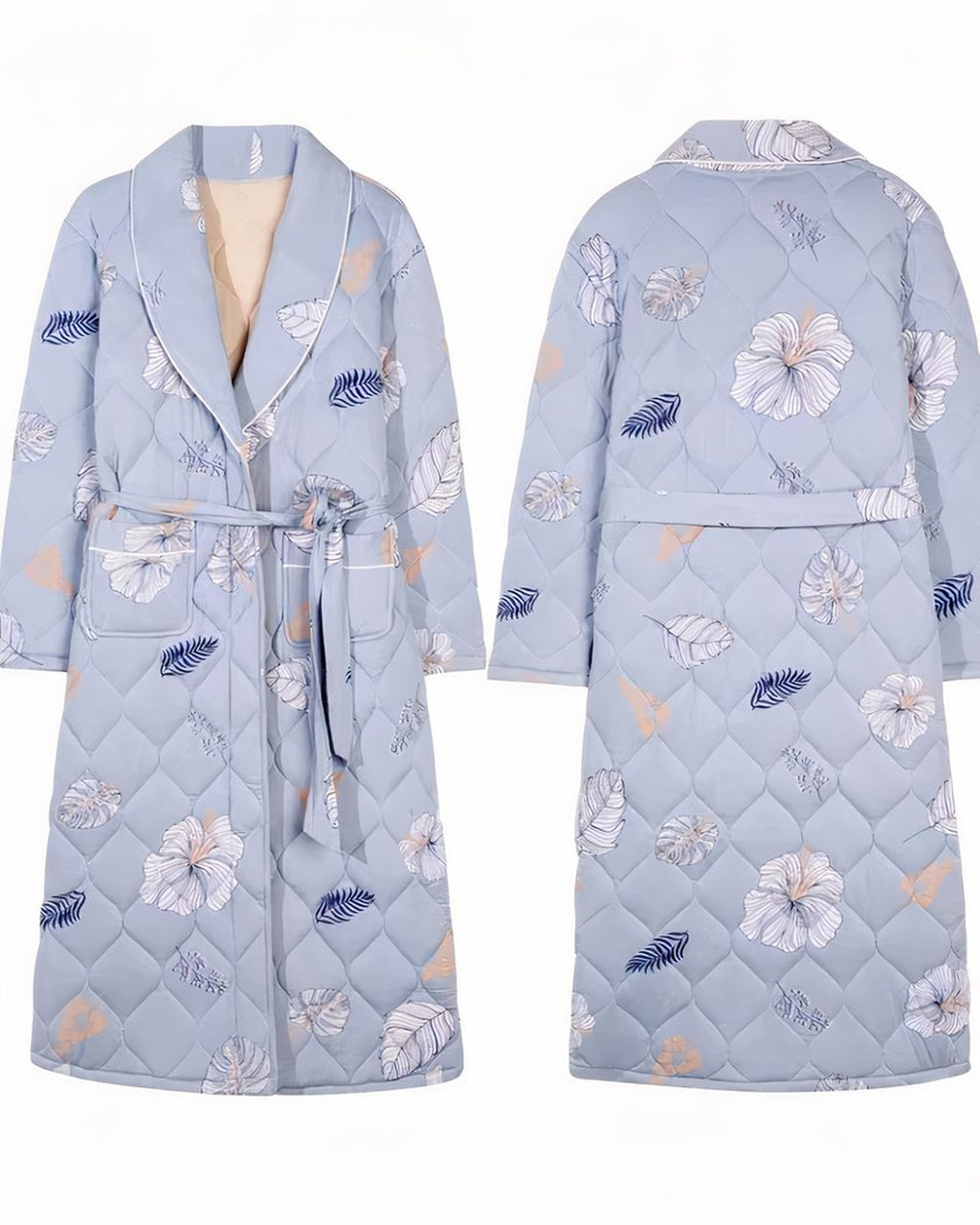 Robe de chambre matelassée bleu ciel à fleurs, vue de face et de dos à plat
