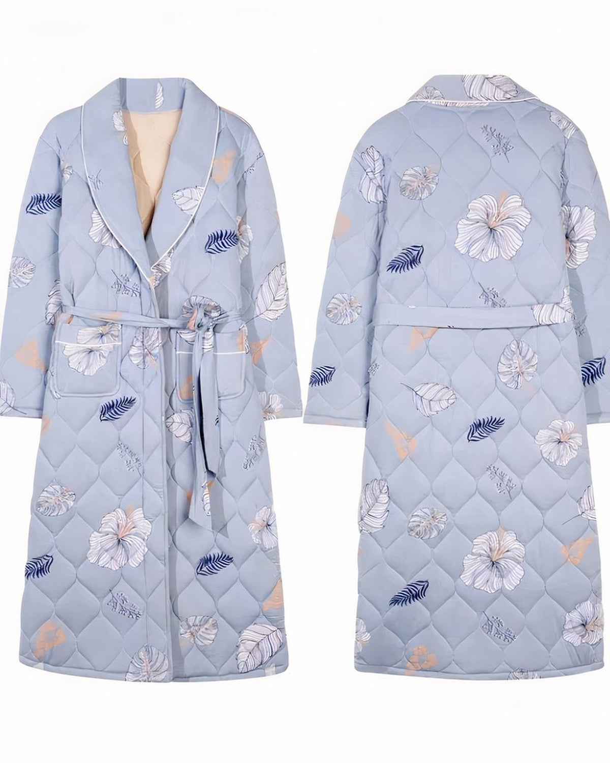 Robe de chambre matelassée bleu ciel à fleurs, vue de face et de dos à plat