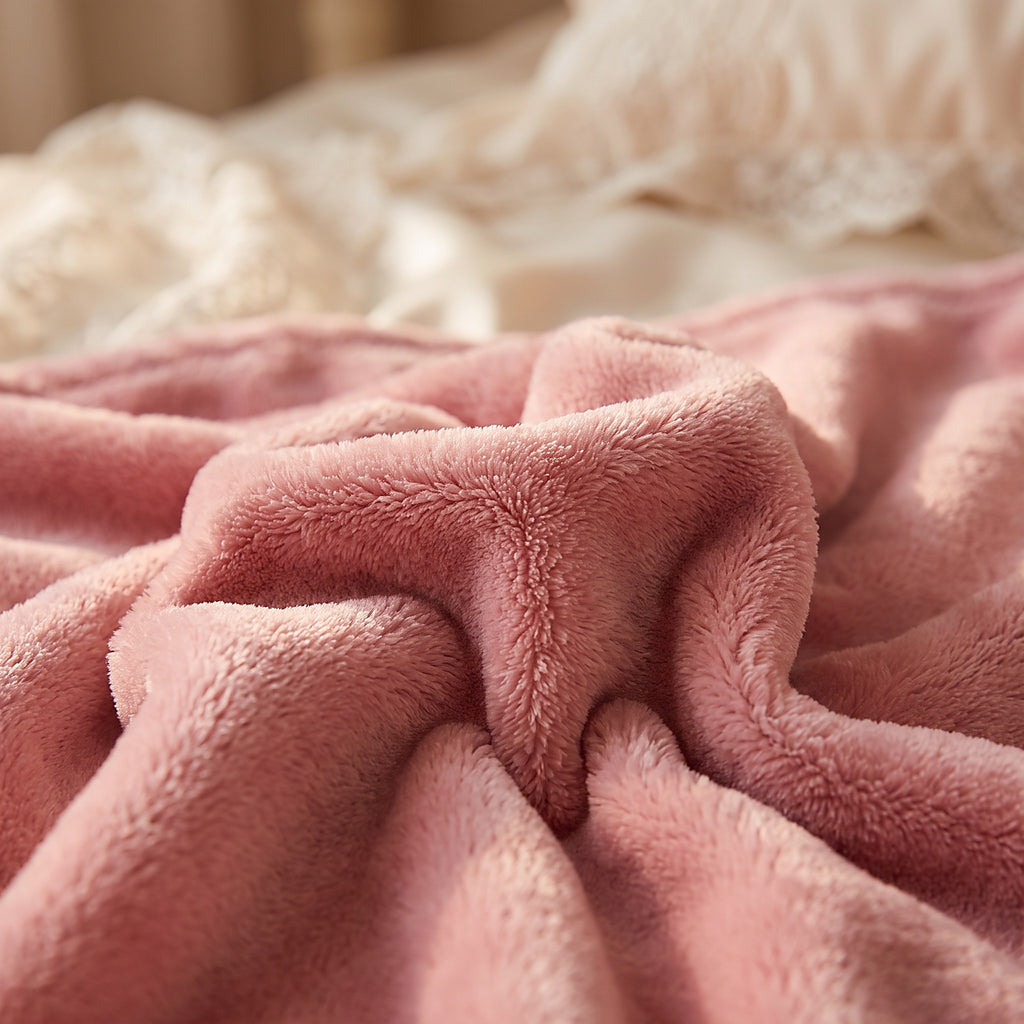 Texture polaire rose poudre en gros plan, detail moelleux de la robe de chambre