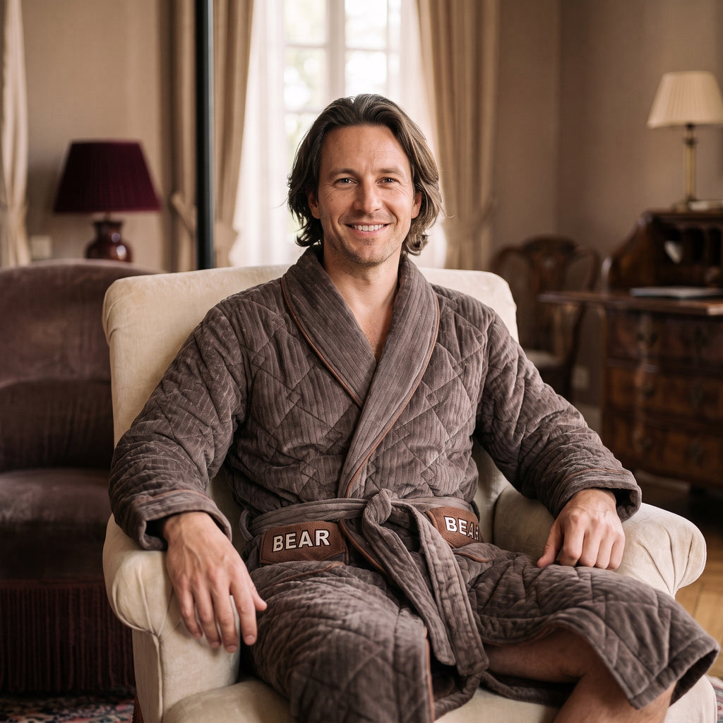 Homme souriant assis avec le peignoir polaire marron matelassé