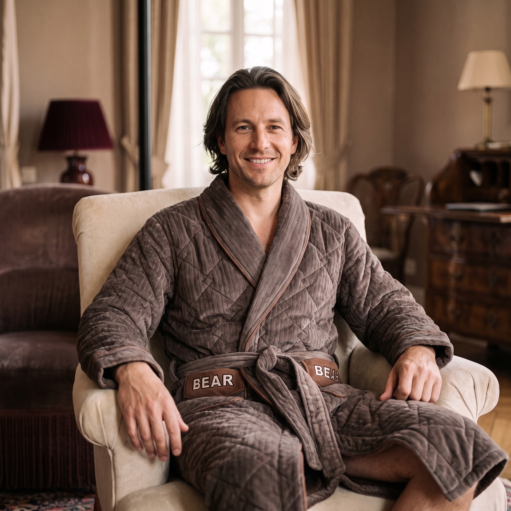 Homme souriant assis avec le peignoir polaire marron matelassé Image