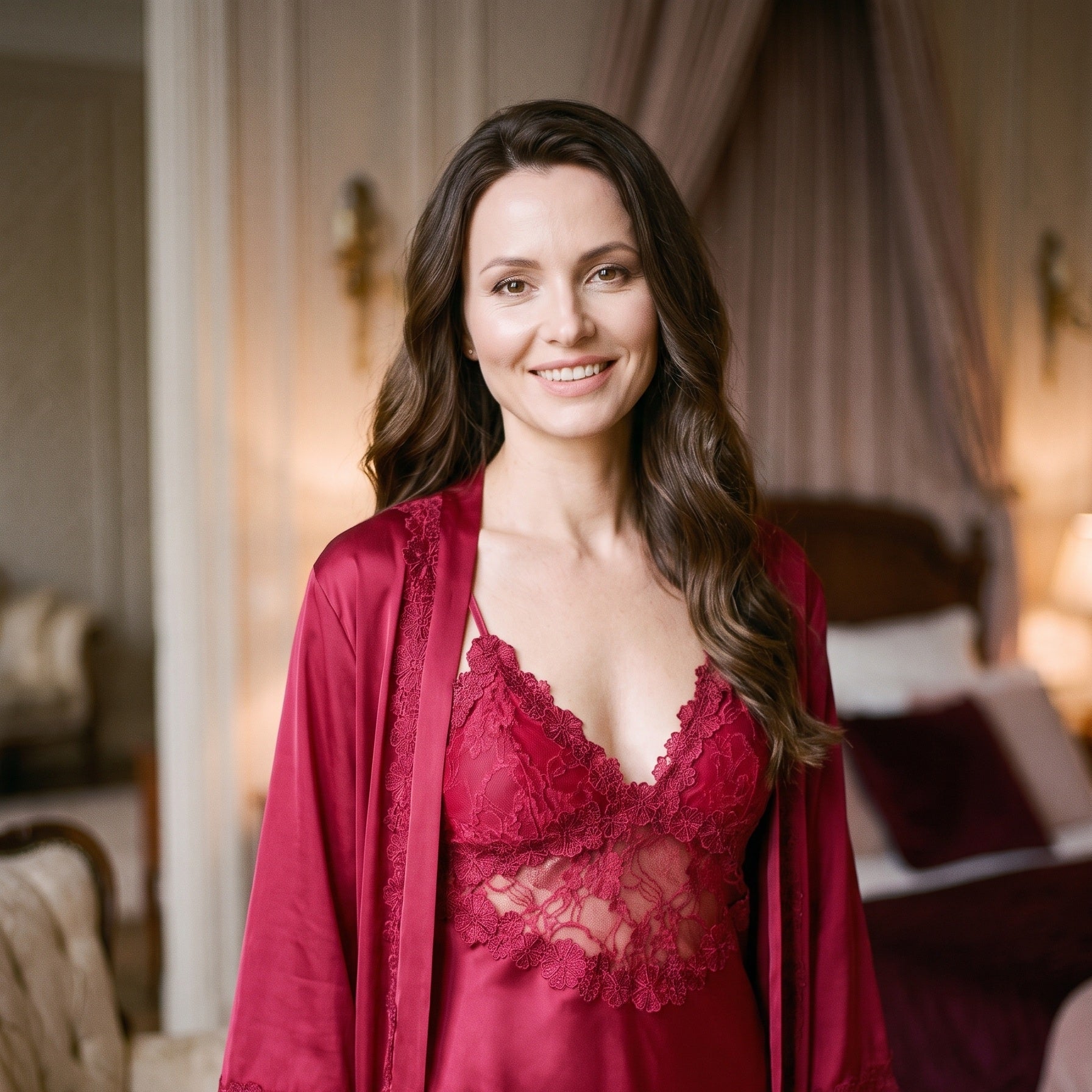 Femme souriante portant l’ensemble nuisette et kimono rouge dans un boudoir Image