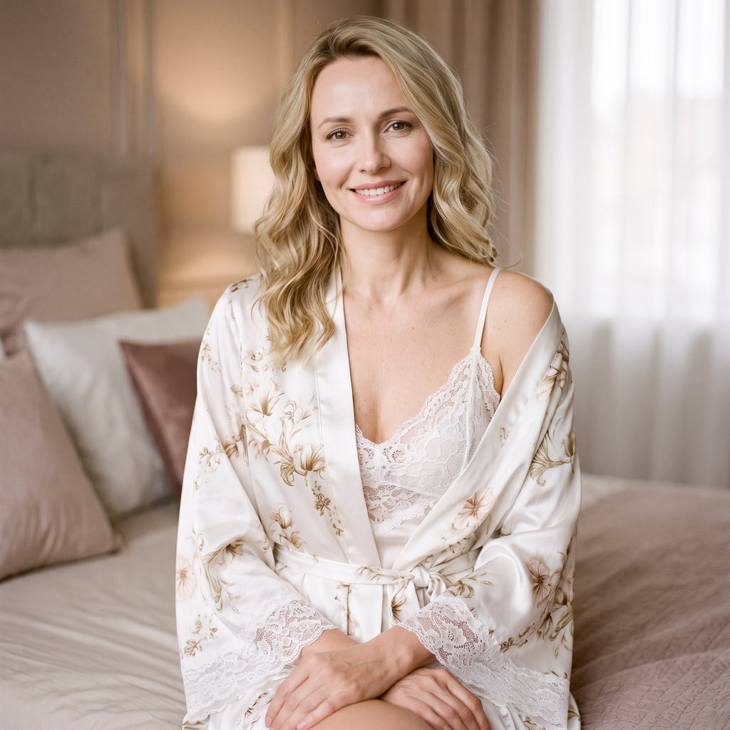 Ensemble kimono, brassière et short en satin blanc floral porté, ceinture nouée