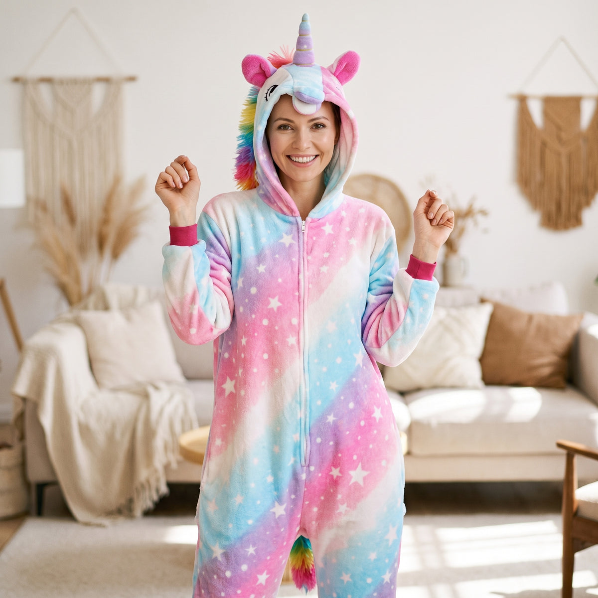 Combinaison pyjama licorne en polaire douce portée, capuche relevée