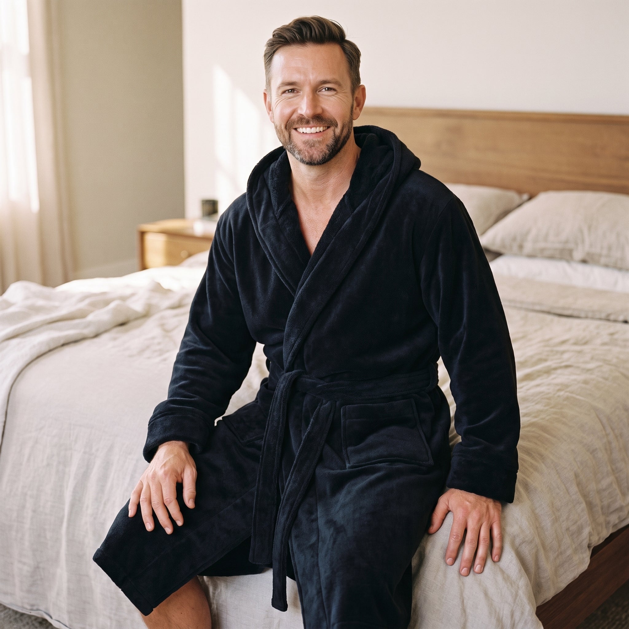 Réveil en douceur dans un peignoir homme noir Image