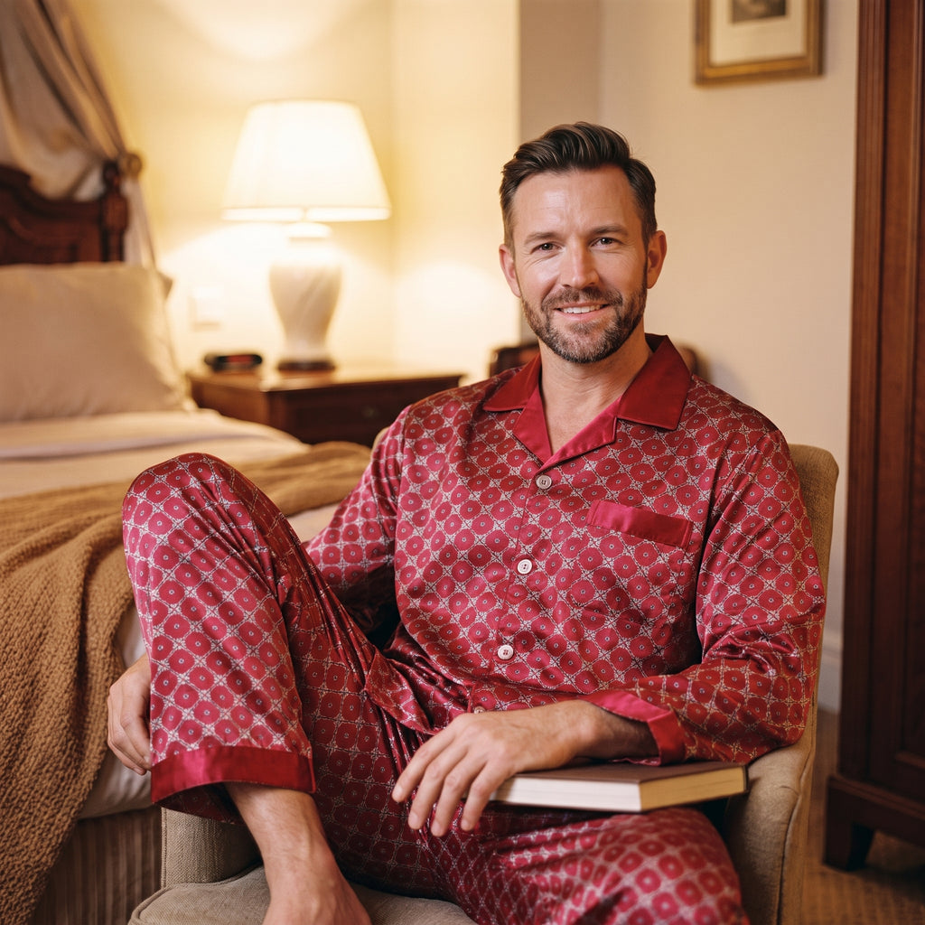Homme installé dans un fauteuil le soir en pyjama satiné rouge, un livre ouvert sur les genoux et la lampe de chevet allumée