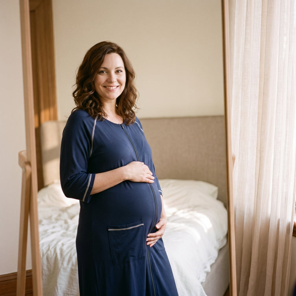 Devant un miroir, femme enceinte en peignoir de maternité bleu marine, l’étoffe qui suit la courbe du ventre et retombe droit jusqu’en bas