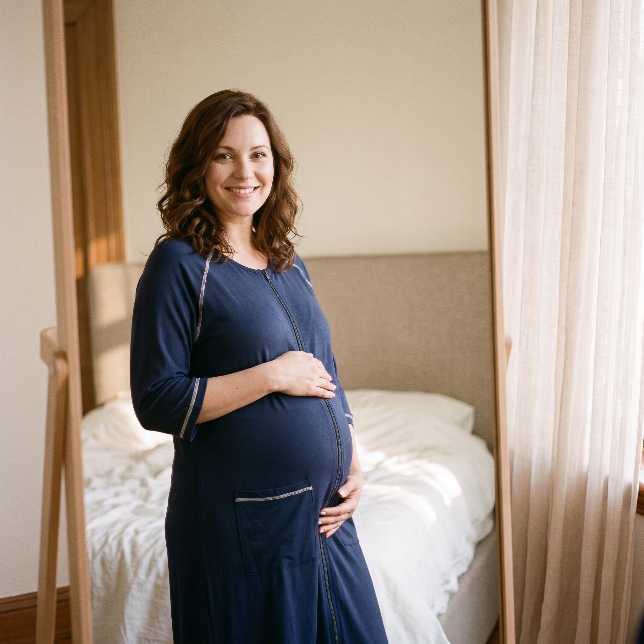 Devant un miroir, femme enceinte en peignoir de maternité bleu marine, l’étoffe qui suit la courbe du ventre et retombe droit jusqu’en bas Image