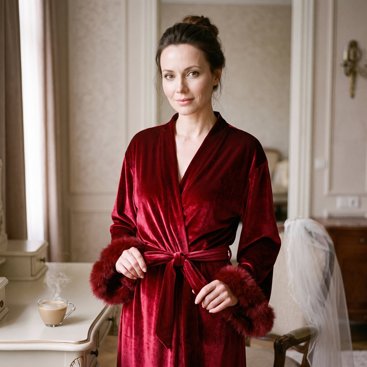 Elle noue la ceinture de velours devant la coiffeuse de la chambre, un café fumant posé à côté et un voile de mariée sur la chaise