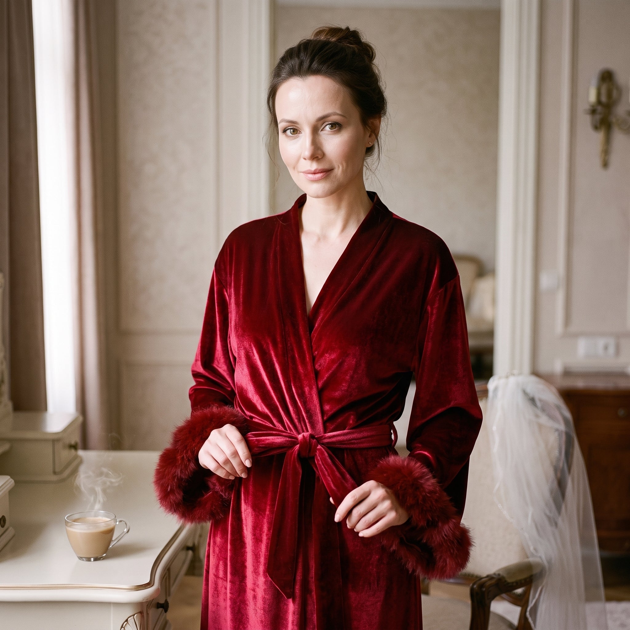 Elle noue la ceinture de velours devant la coiffeuse de la chambre, un café fumant posé à côté et un voile de mariée sur la chaise Image