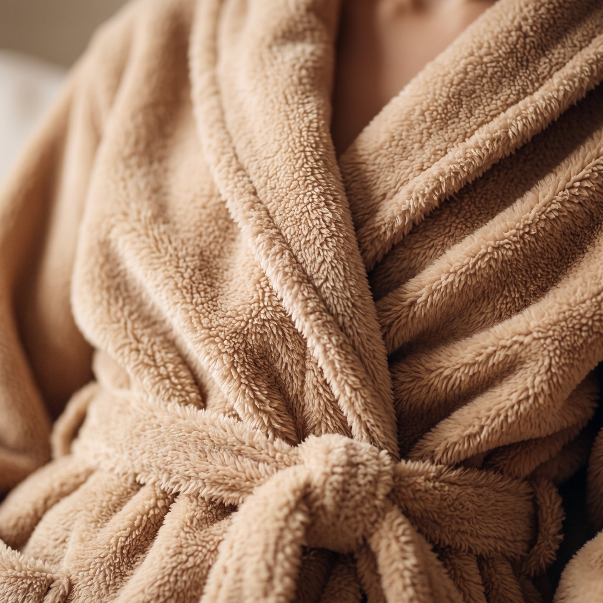 Detail encolure croisee et texture peluche du peignoir court beige Image