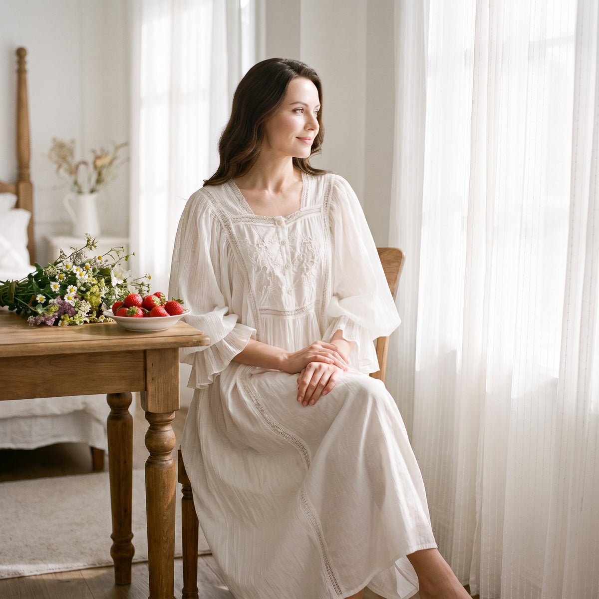 Femme en nuisette vintage coton ivoire brodé, assise, ambiance cottagecore