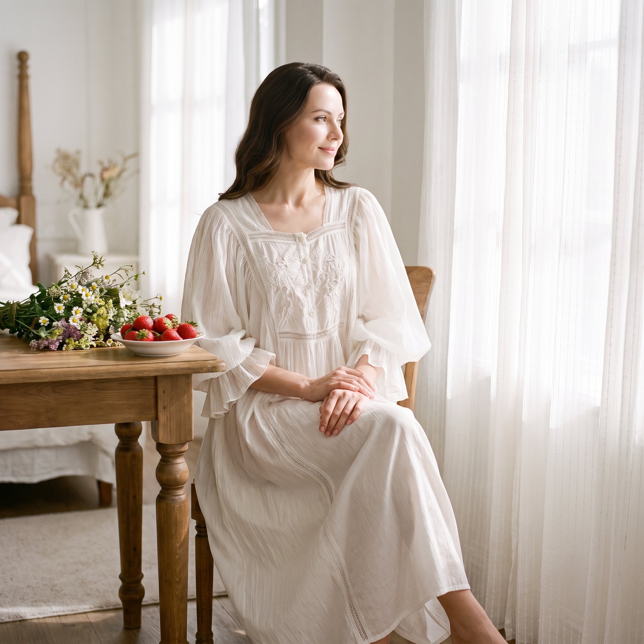 Femme en nuisette vintage coton ivoire brodé, assise, ambiance cottagecore Image