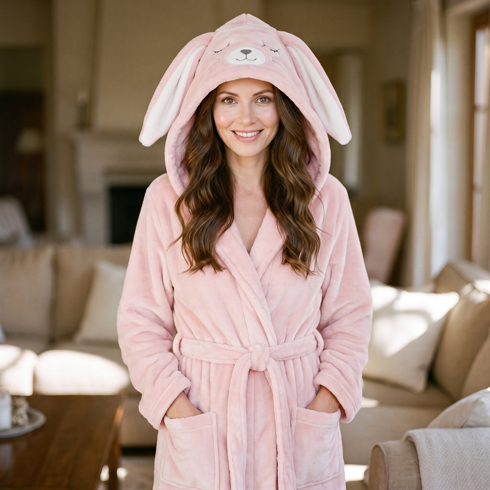 Peignoir polaire rose porté, capuche lapin, ceinture nouée et poches Image