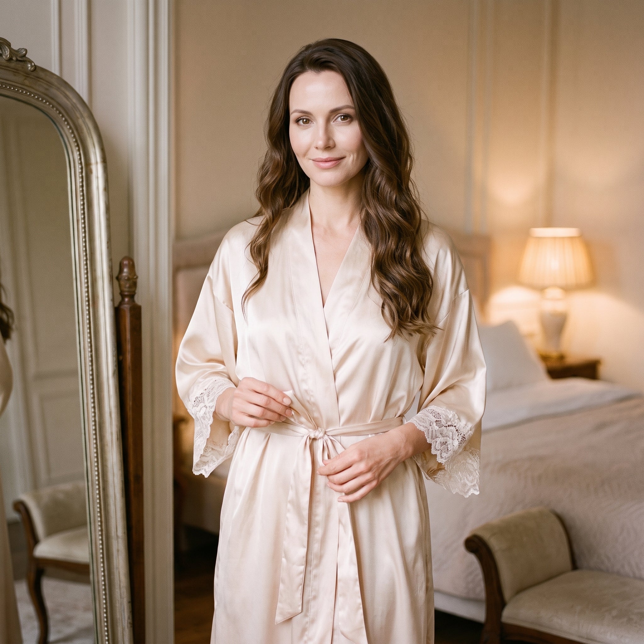 Robe nuisette longue beige portée devant un miroir, mains posées sur la ceinture nouée Image