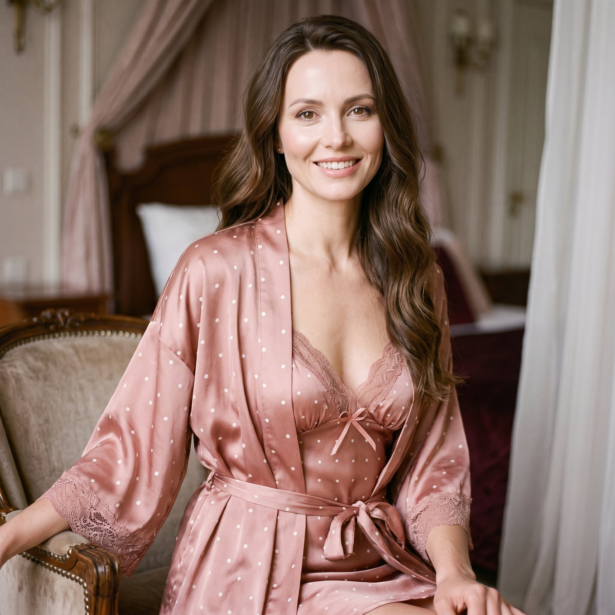 Ensemble nuisette et kimono en satin rose à pois porté, ceinture nouée