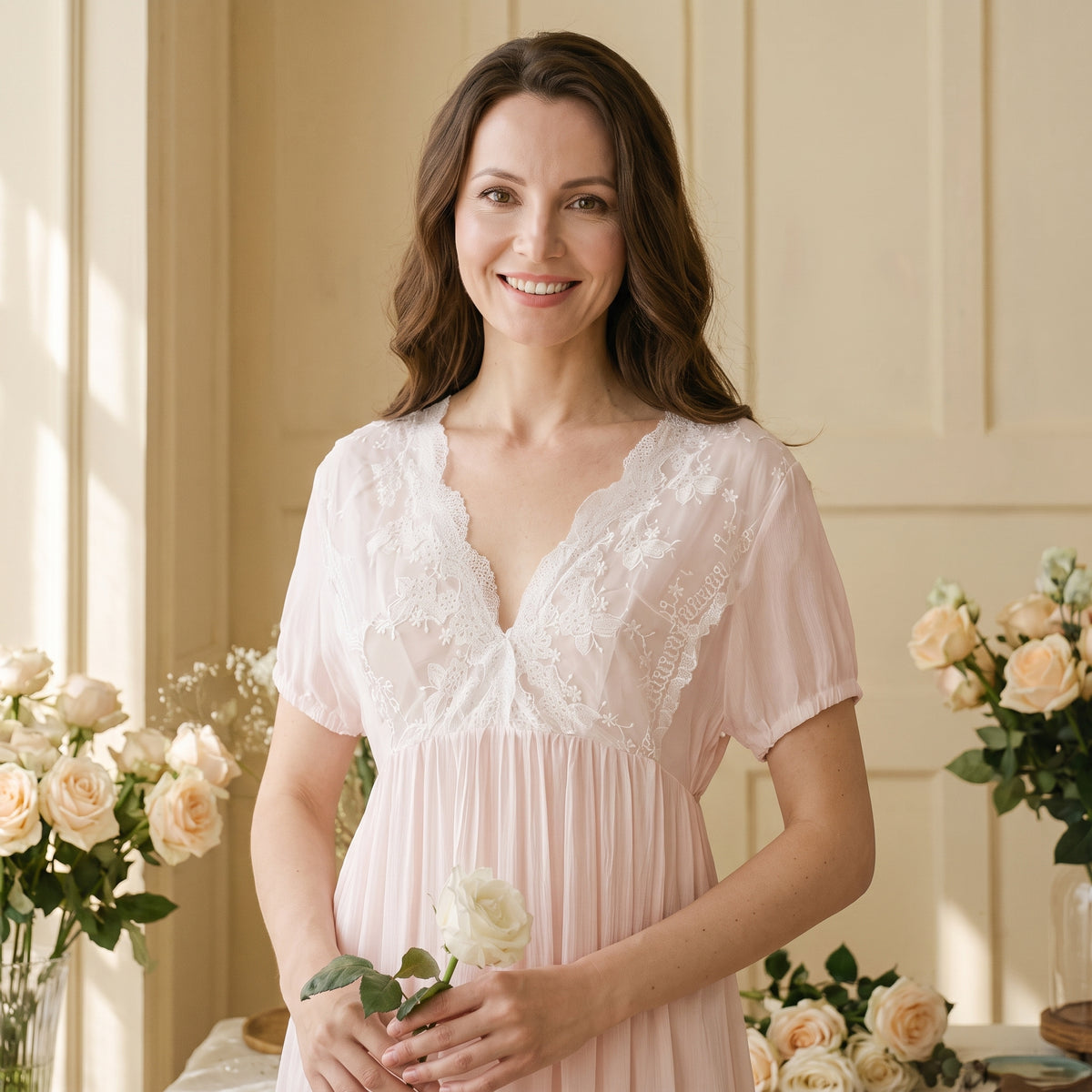 Buste de la chemise de nuit rose, plastron de dentelle blanche translucide et décolleté en V