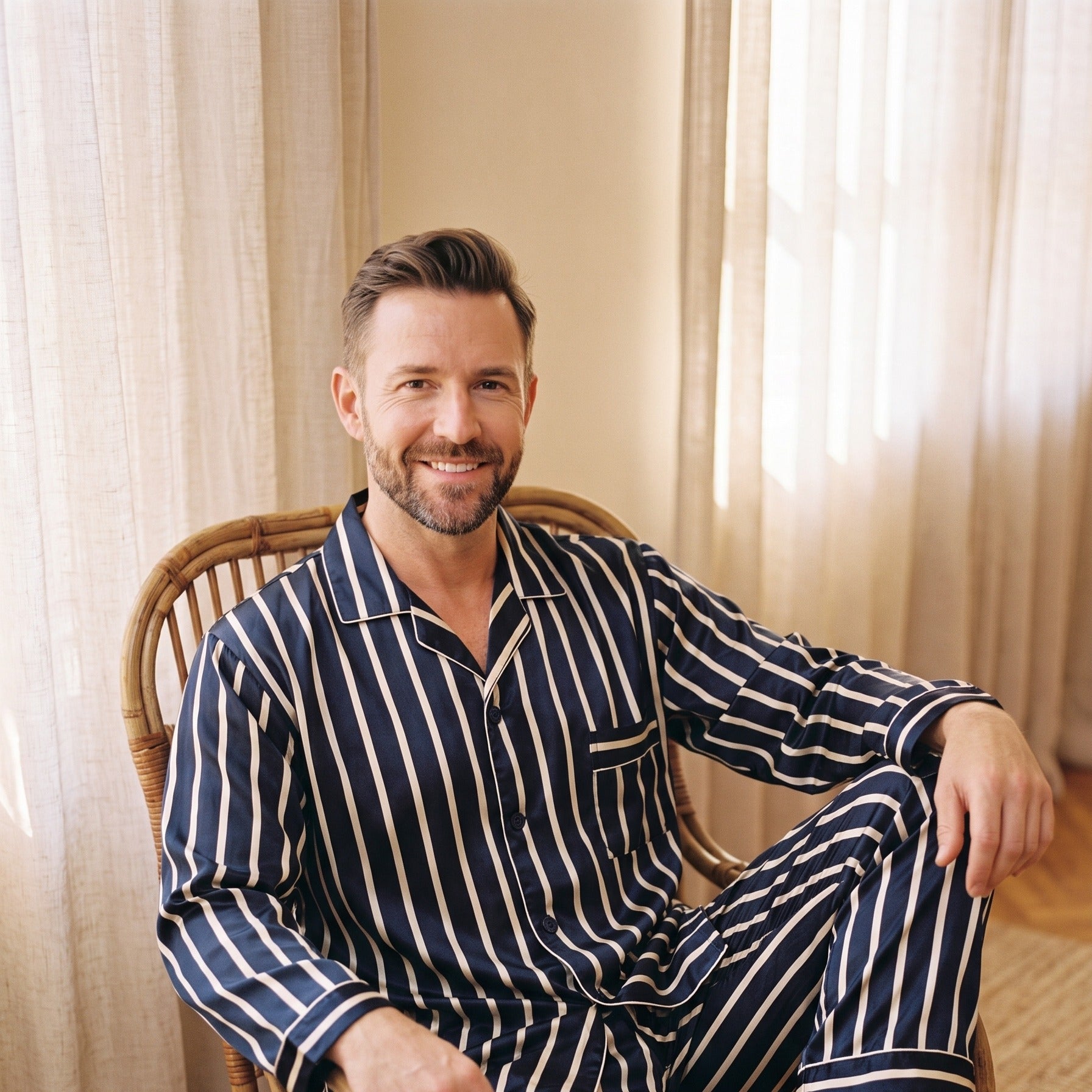 Portrait du modèle portant le pyjama homme à rayures bleu et blanc Image