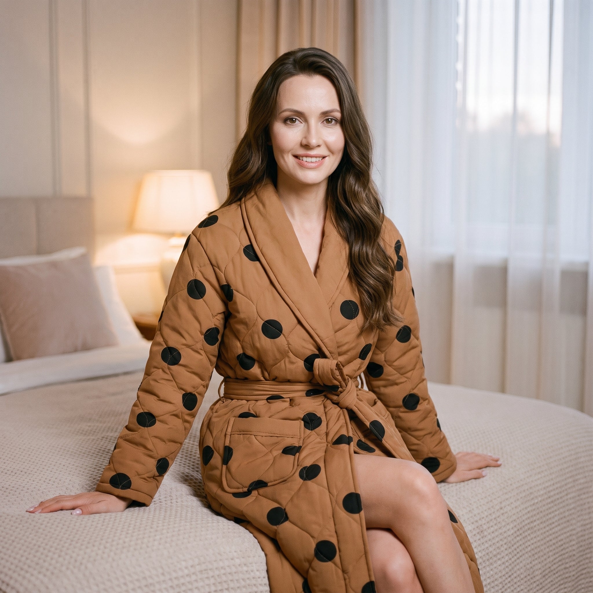 Femme souriante assise au bord d’un lit en robe de chambre matelassée caramel à pois noirs, col châle et ceinture nouée Image