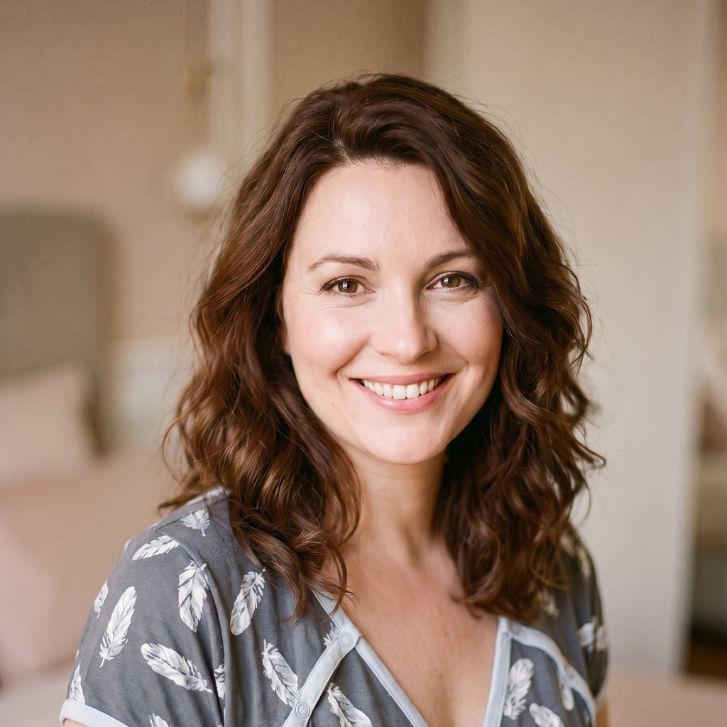 Portrait de la femme souriante portant la chemise de nuit d'allaitement grise à plumes blanches
