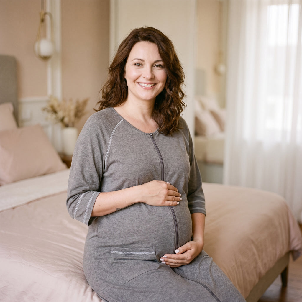 Future maman assise au bord d'un lit, sur une couette rose poudré, les deux mains posées sur son ventre rond