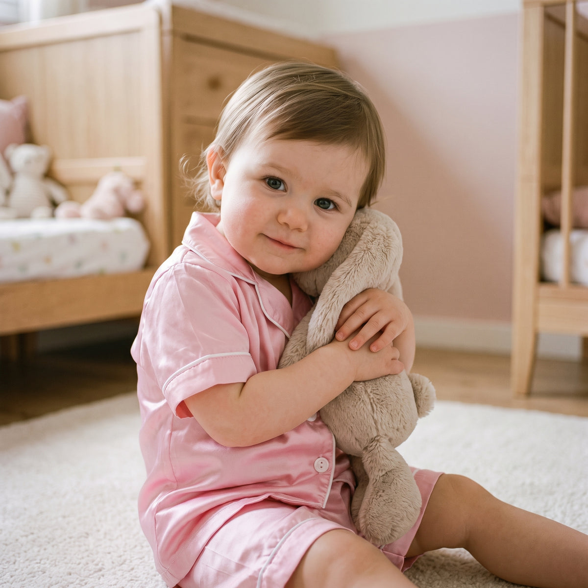 Petite fille assise sur le tapis de sa chambre, sa peluche serrée contre sa joue, en pyjama rose à liseré blanc