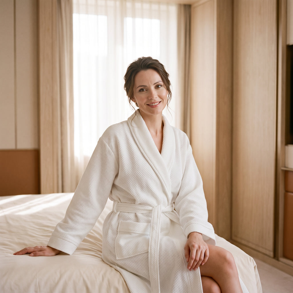 Femme assise au bord d’un lit dans le peignoir blanc, cheveux relevés et ceinture nouée