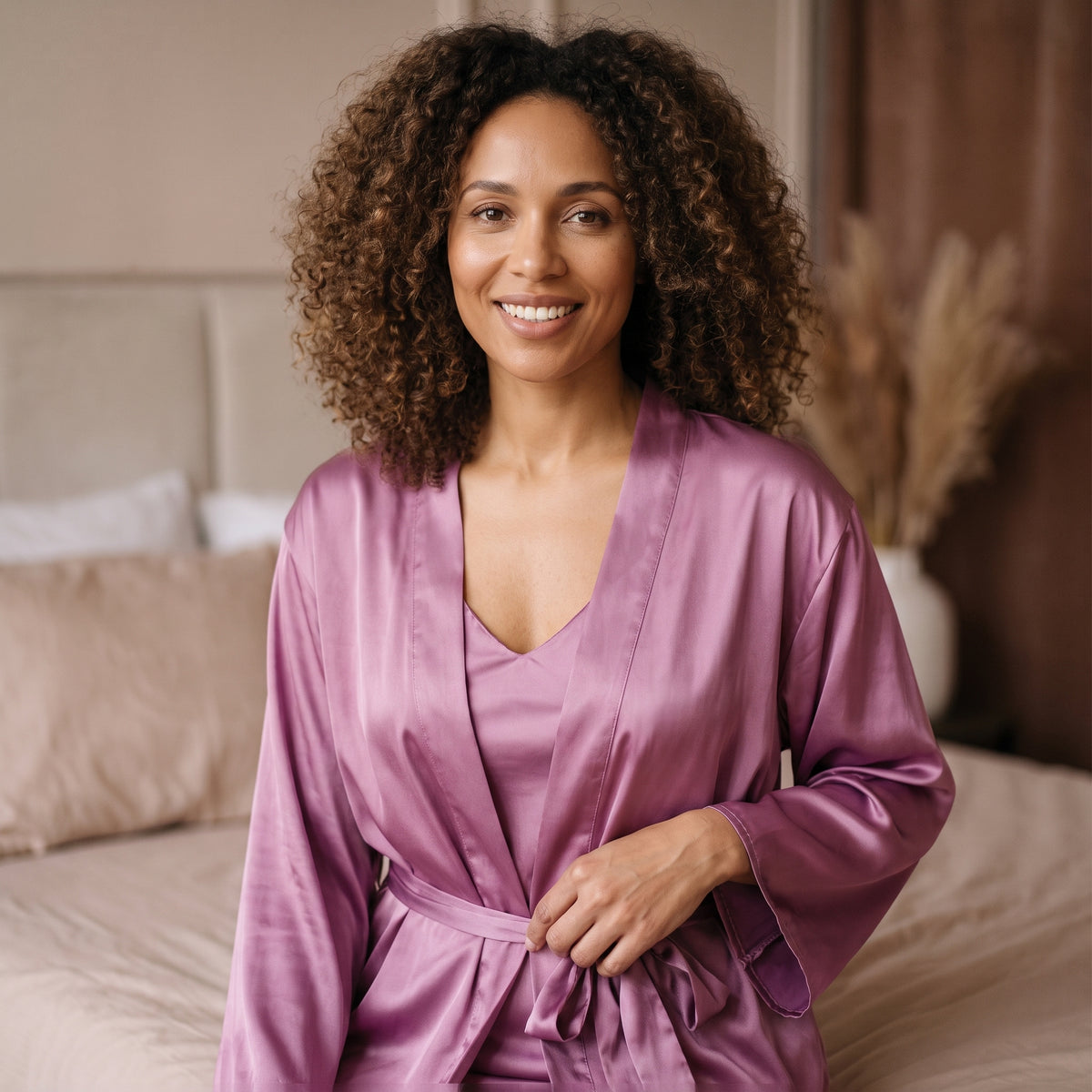 Ensemble nuisette et kimono en satin mauve porté, plan rapproché sur le buste