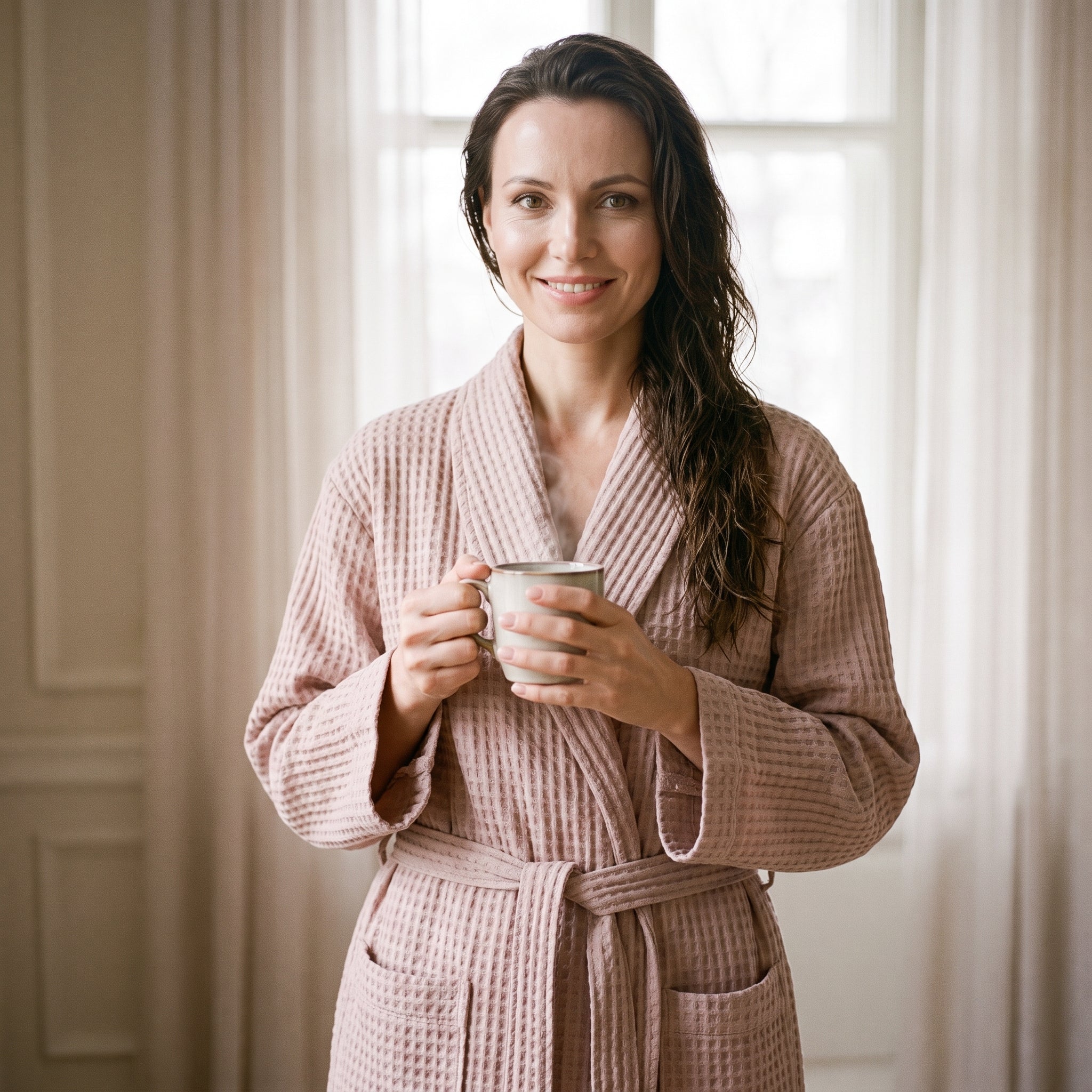 Devant la fenêtre de la chambre, une tasse fumante tenue à deux mains, le peignoir rose poudré refermé sur les cheveux encore humides Image