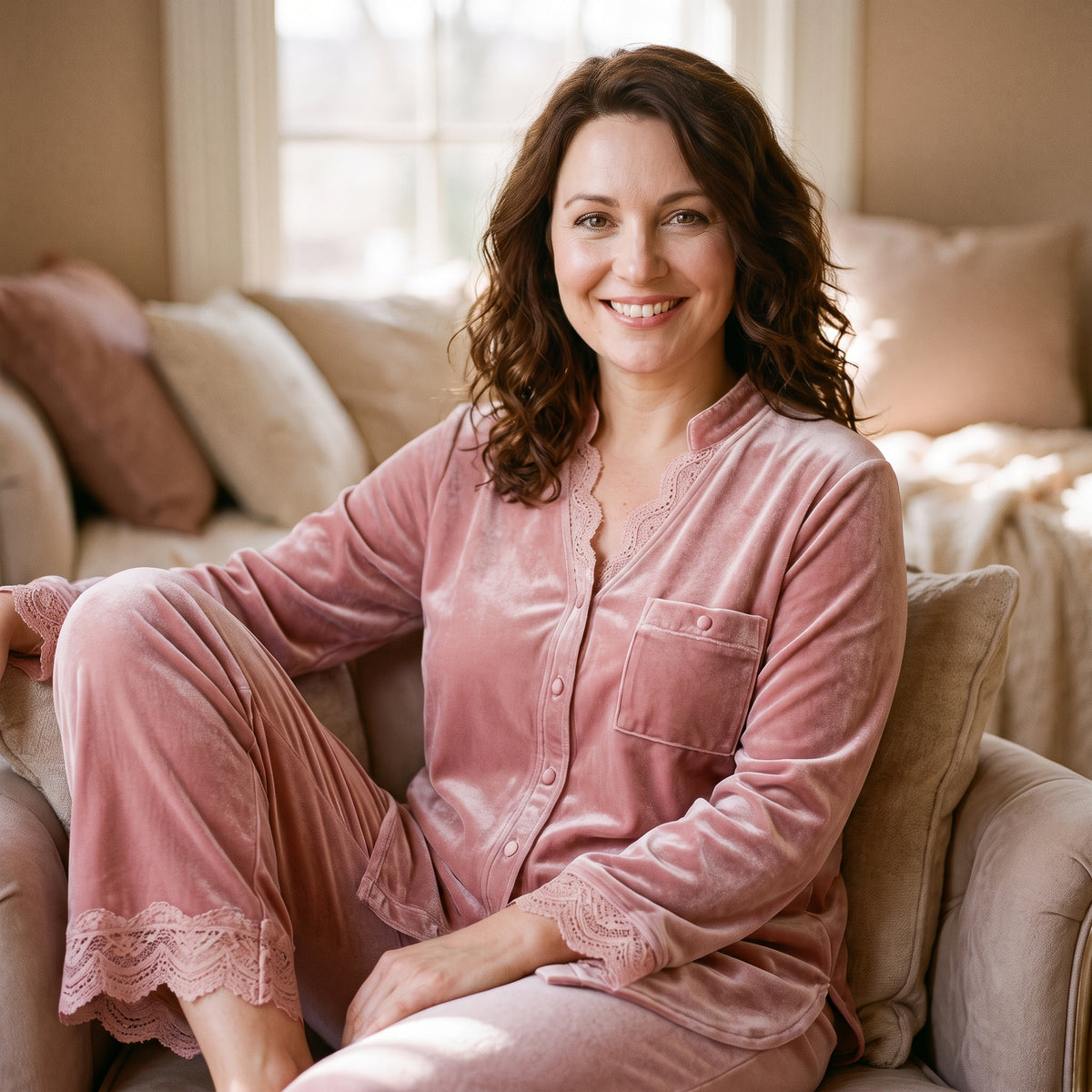 Pyjama velours rose porté, haut à dentelle et pantalon fluide