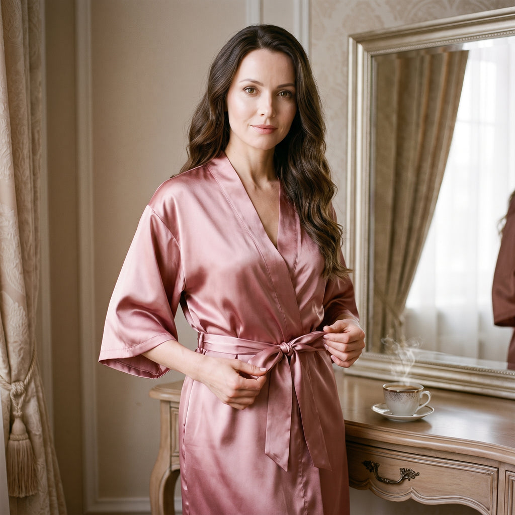 Elle noue la ceinture de satin devant le grand miroir de la chambre, une tasse de café posée sur la coiffeuse