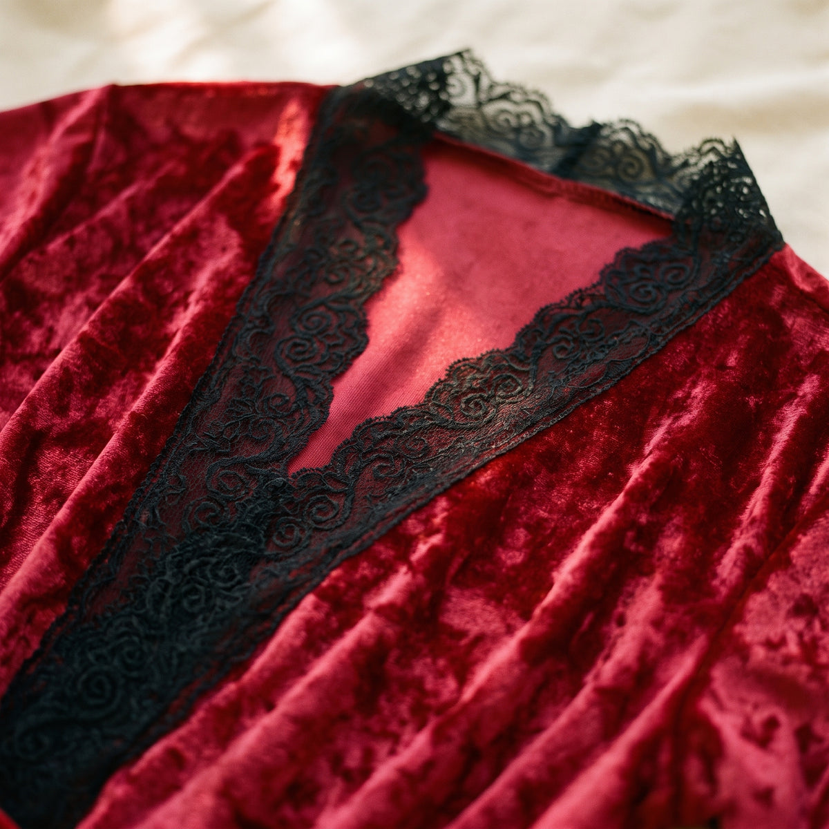 Décolleté en V croisé et dentelle noire de l'ensemble nuisette rouge en velours