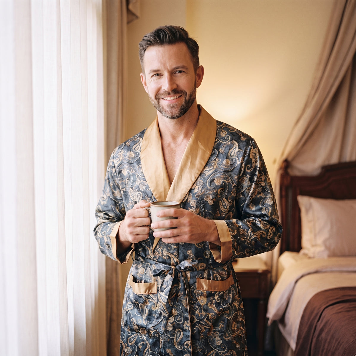 Homme souriant près d’une fenêtre au réveil, une tasse tenue à deux mains, en robe de chambre satinée grise à col châle doré et ceinture nouée