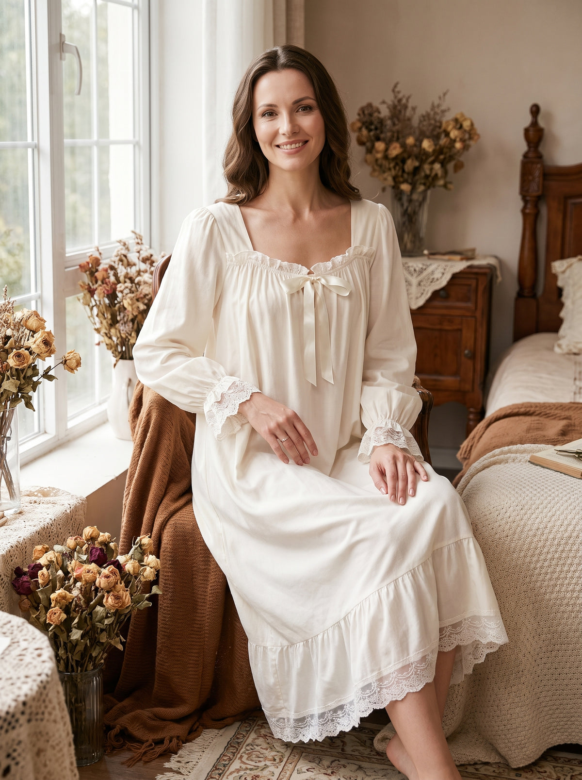 Femme en nuisette longue blanche assise près d'une fenêtre, ambiance romantique