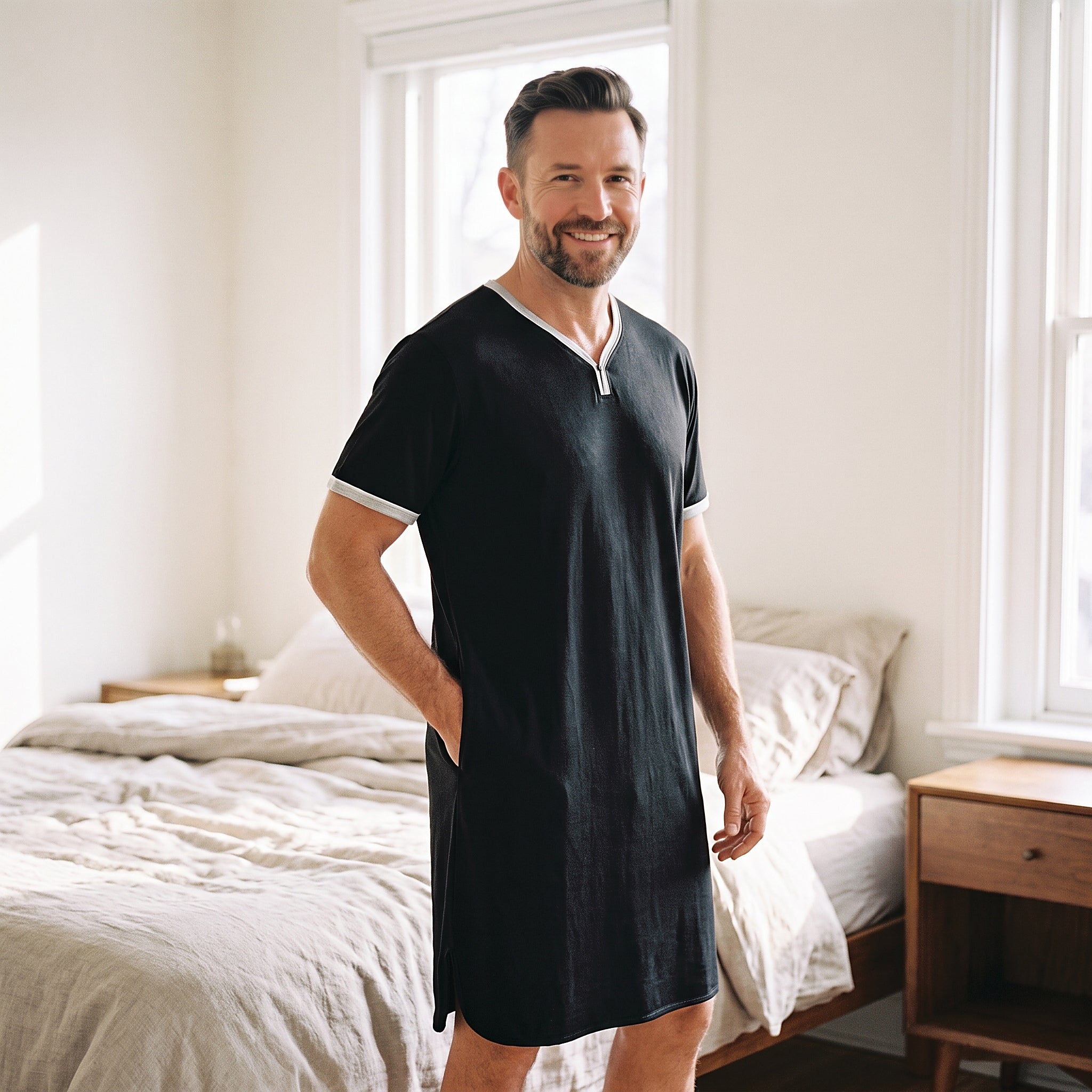 Chemise de nuit homme noire portée debout, longueur genoux et fente latérale Image