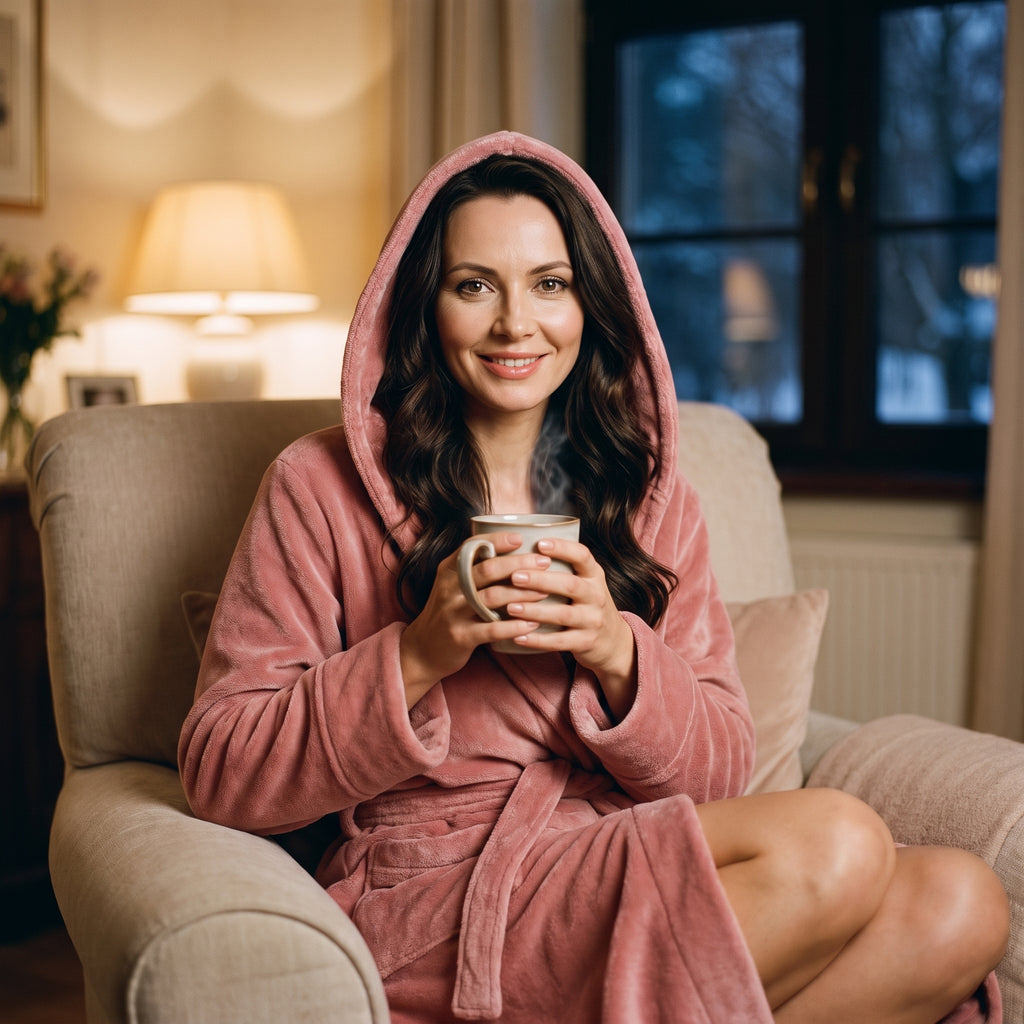 Femme assise dans un fauteuil en robe de chambre rose, capuche relevée, une tasse fumante tenue à deux mains