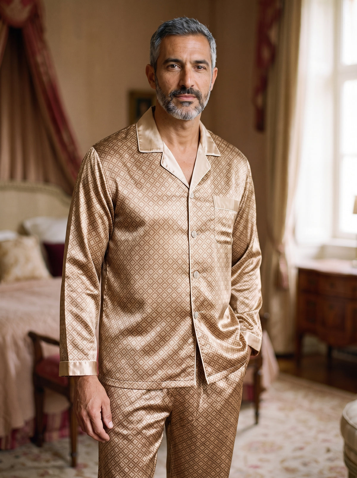 Ensemble pyjama homme satin doré porté, chemise boutonnée et pantalon assorti