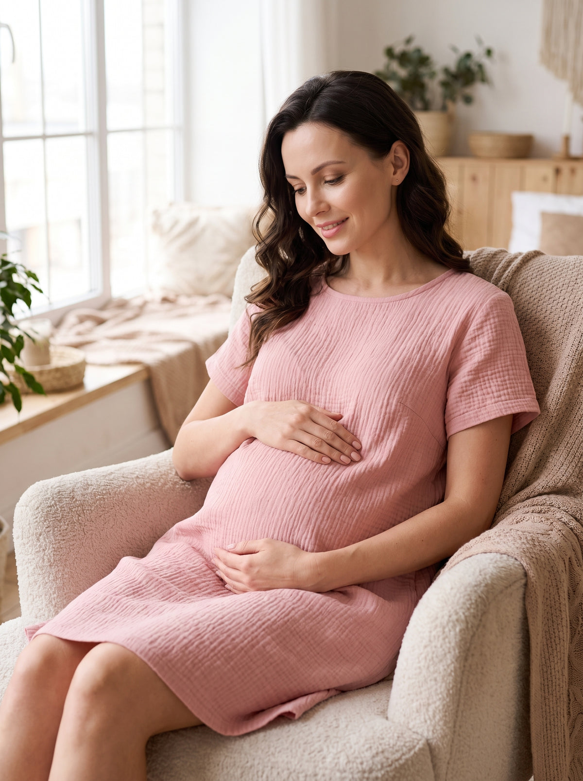 Chemise de nuit maternité en gaze de coton rose portée assise, ambiance tendre