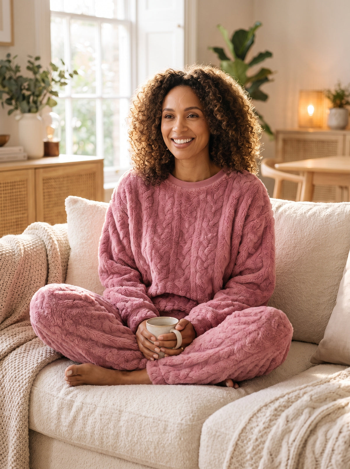 Pyjama en pilou peluche rose porté, haut à col rond et pantalon assorti