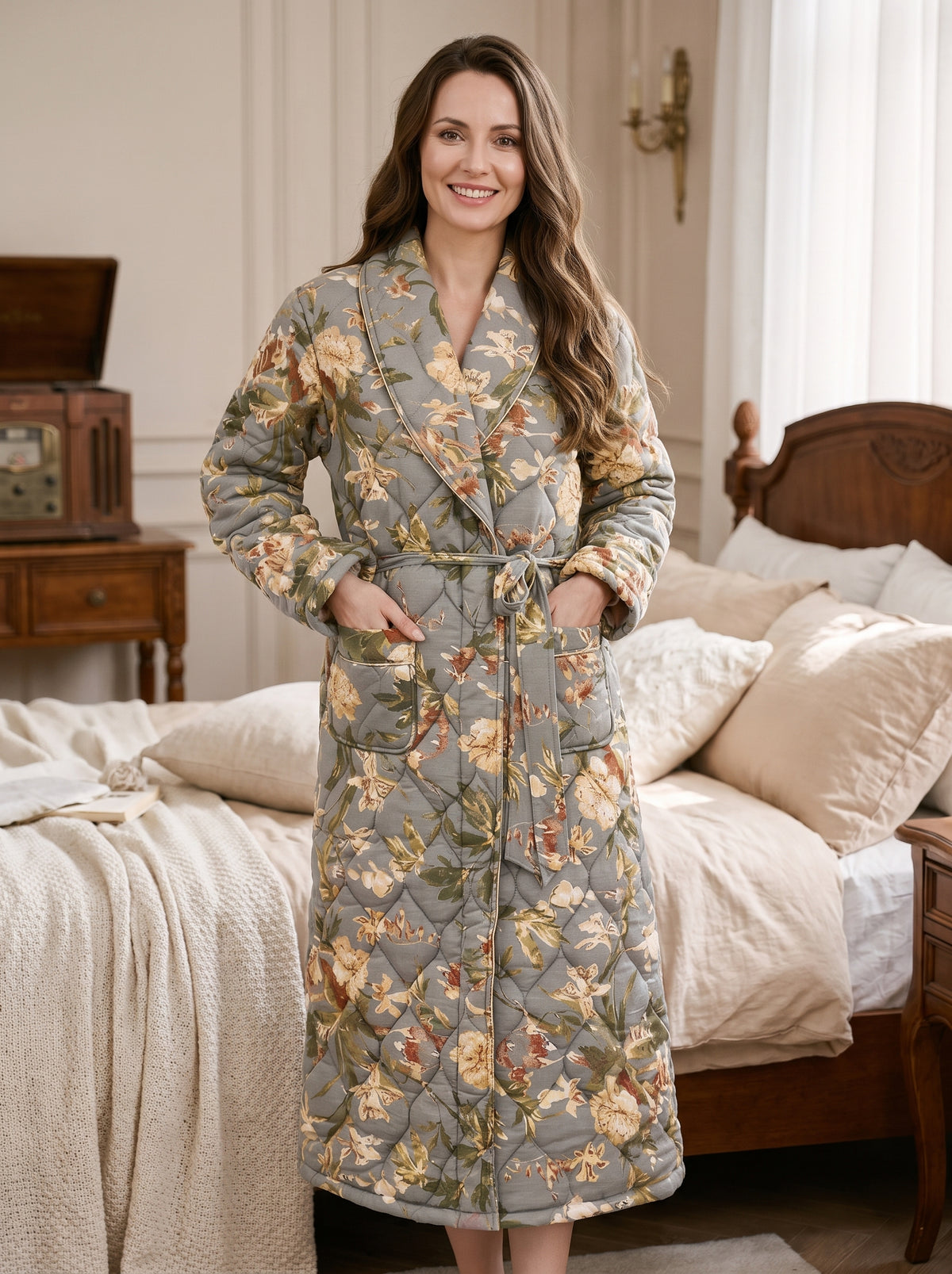 Robe de chambre matelassée florale portée en pied, col châle et ceinture
